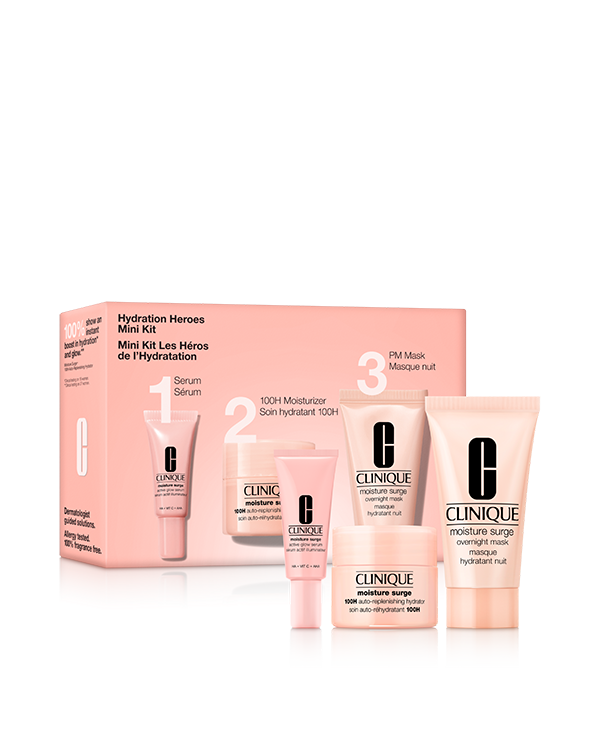 Hydration Heroes<br>מארז היכרות Moisture Surge, 3 מוצרים אהובים ביותר למראה עור קורן וזוהר, בגודל מושלם להתנסות.