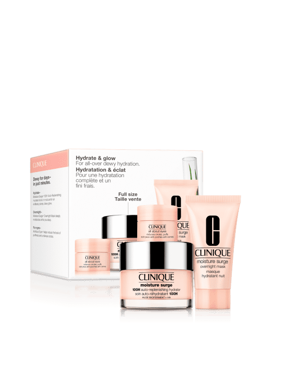 All-Over Dewy Hydration<br>מארז לעור קורן וזוהר, 3 מוצרי טיפוח אהובים ללחות זוהרת מסביב לשעון,<br>כולל הקרם הנמכר ביותר שלנו Moisture Surge™ 100H בגודל מלא!